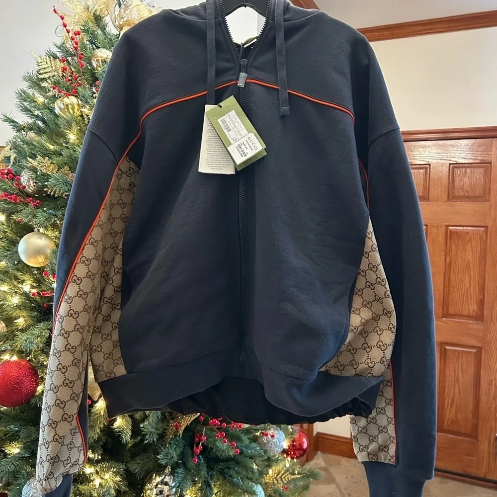 Men's Gucci, cotton jersey, zip jacket/hoodie signature GG Supreme size large